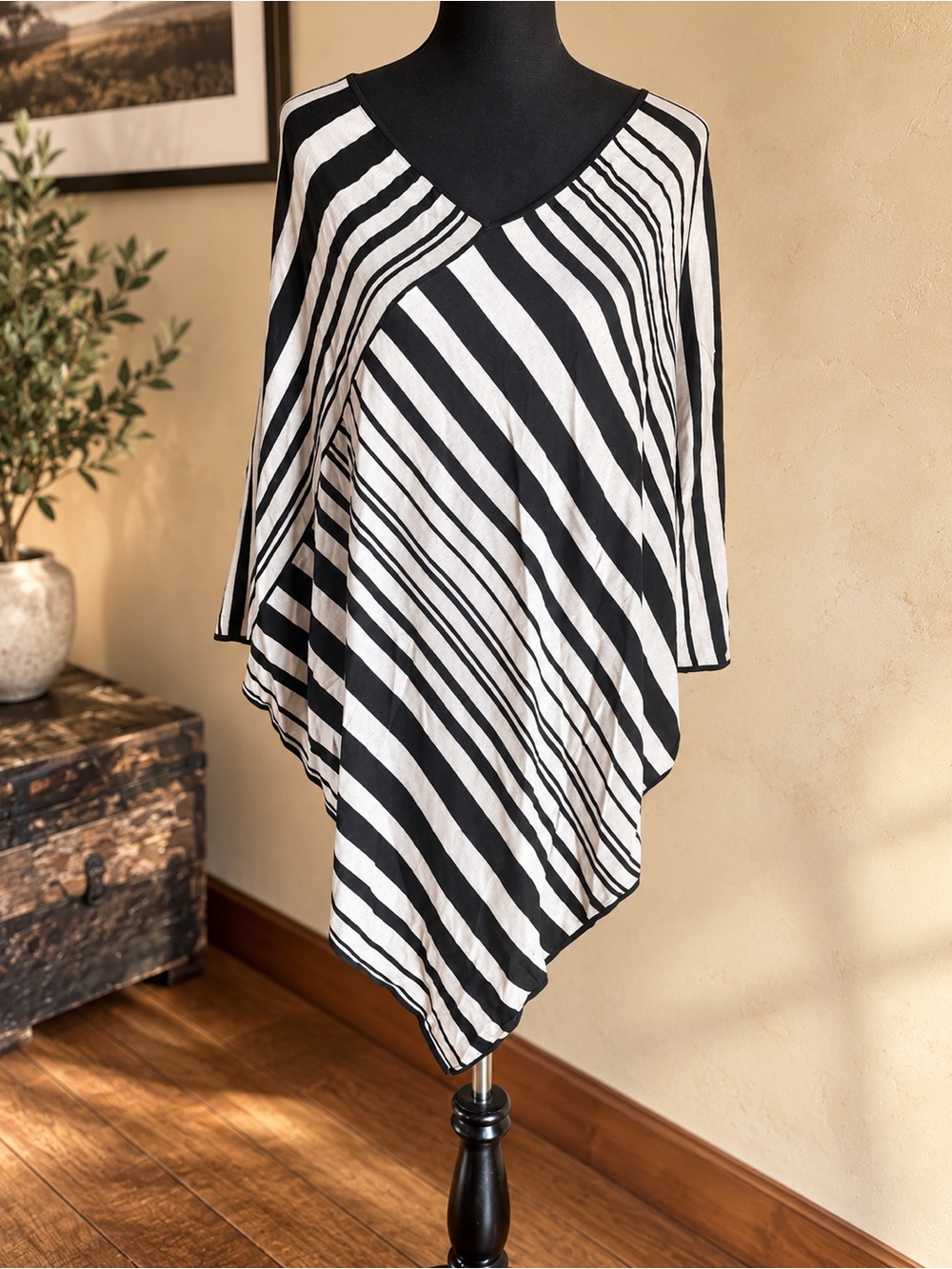 BCBGMaxAzria Black and White Striped V-Neck Poncho